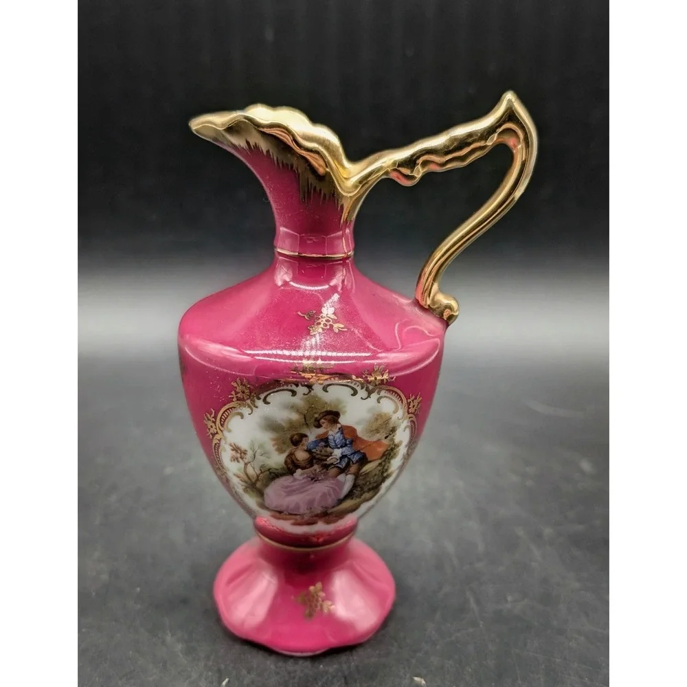 Limoges France Pitcher Fuchsia Pink Gold Fragonard Courting Couple Ewer